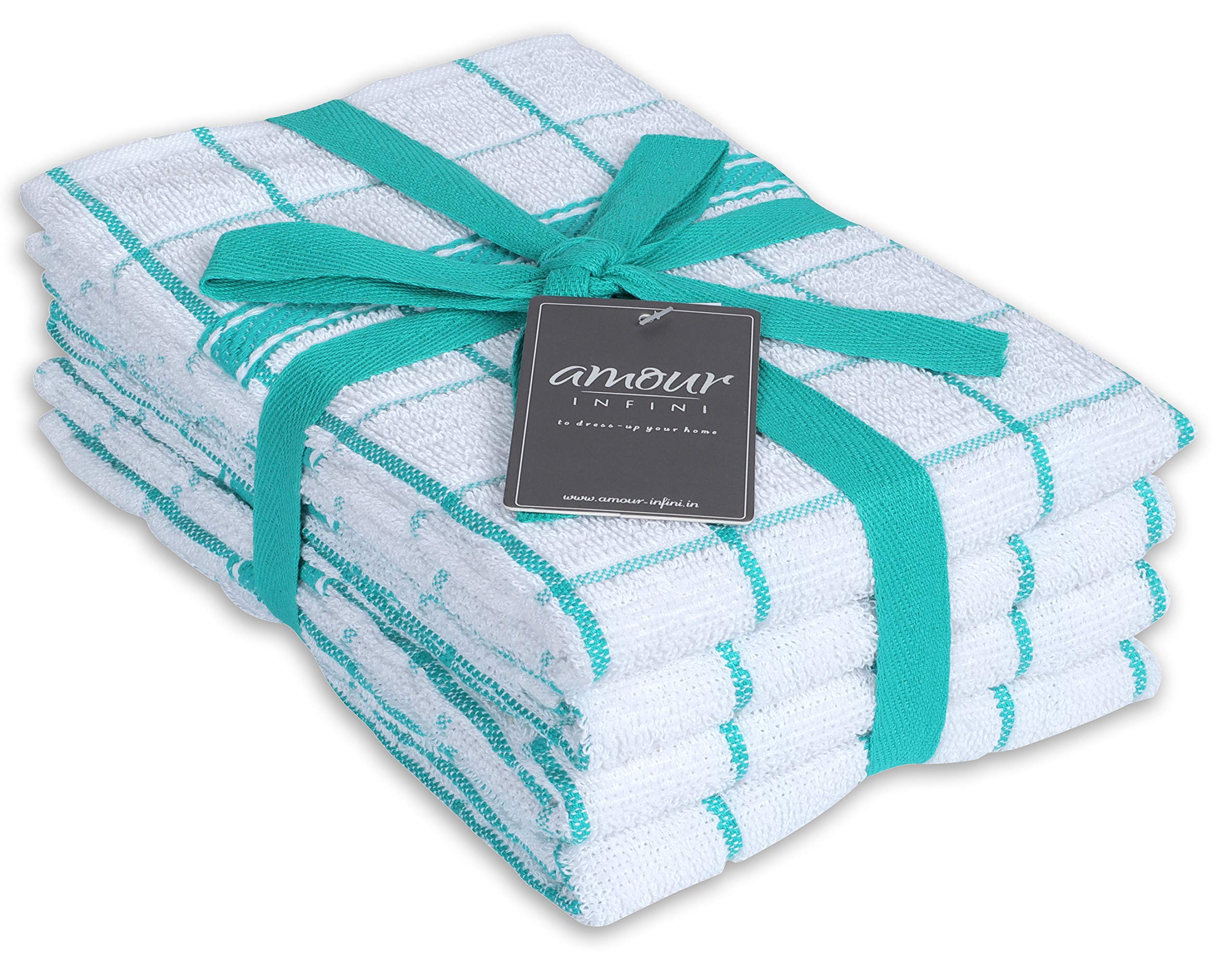 AMOUR INFINI Terry Kitchen Towels | Set of 4 | 45 x 70 cm | Ultra Soft and Absorbent |100% Cotton Dish Towels with Hanging Loop | Perfect for Household and Commercial Uses | Teal