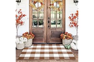 HOMYDECOR Buffalo Plaid Outdoor Rugs, 28'' x 43'' Coffe and White Checkered Area Rug, Layering Rug for Hello/Welcome Door Mat, Washable Cotton Woven Farmhouse Mat for Front Porch Décor