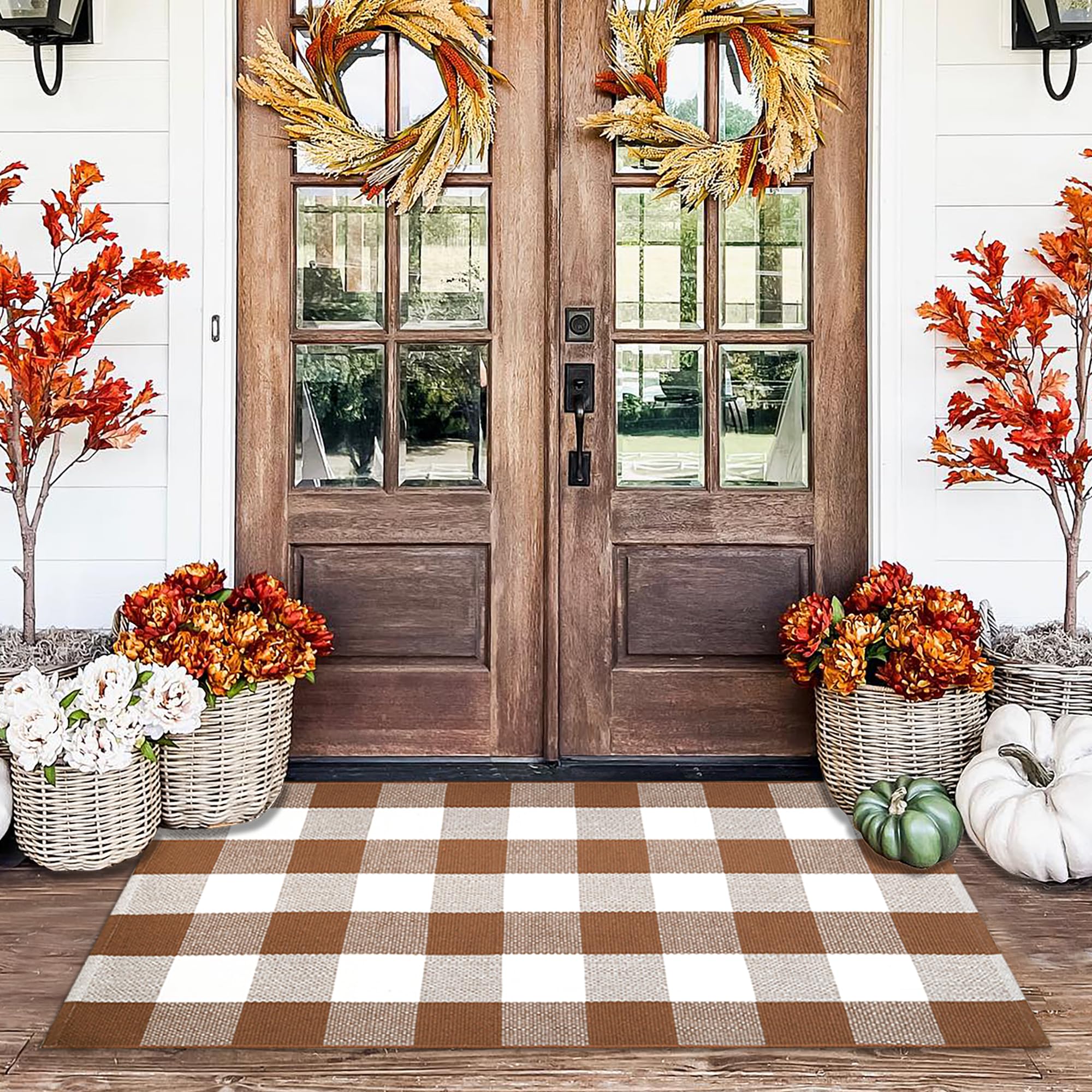 Photo 1 of Buffalo Plaid Outdoor Rugs, 28'' x 43'' Coffe and White Checkered Area Rug, Layering Rug for Hello/Welcome Door Mat, Washable Cotton Woven Farmhouse Mat for Front Porch Décor