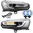 VLAND Headlight Assembly with D2H Bulbs Fit for Mitsubishi Lancer 2008 2009 2010 2011 2012 2013 2014 2015 2016 2017 2018 2019 2020, LED Headlamp Assembly with DRL Sequential Turn Signal, Plug-and-play