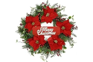 FURISIN Christmas Wreath, Christmas Wreaths for Front Door,Artificial Christmas Wreath with Sparkling Leaves and red Poinsettias with Plump Pine and red Berries, Wreaths for Indoor Wall Window Decor.