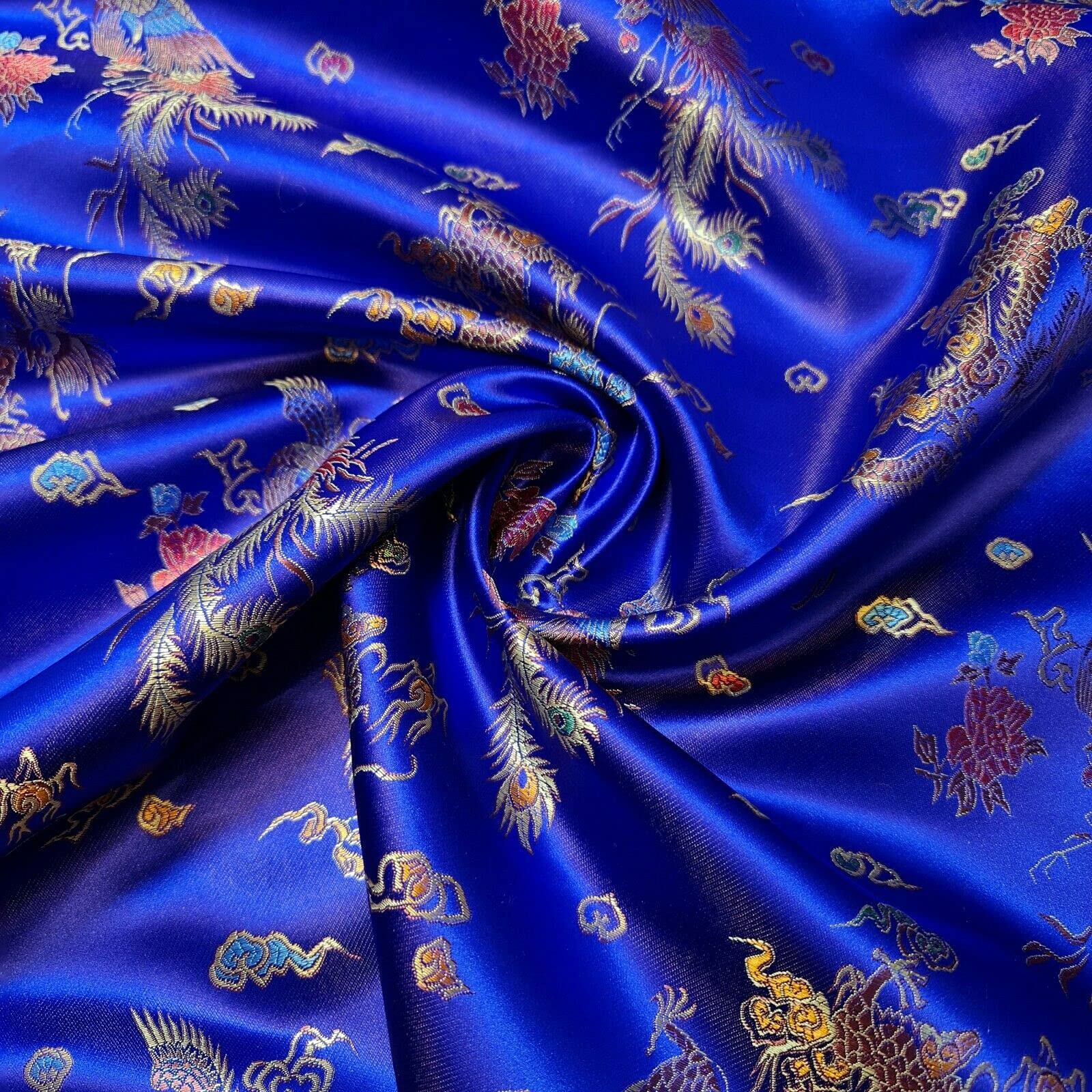 Oriental Chinese Embroidery Brocade Poly Silk Satin Oriental Dragon Fabric 36" (Royal Blue, 5 Meter)