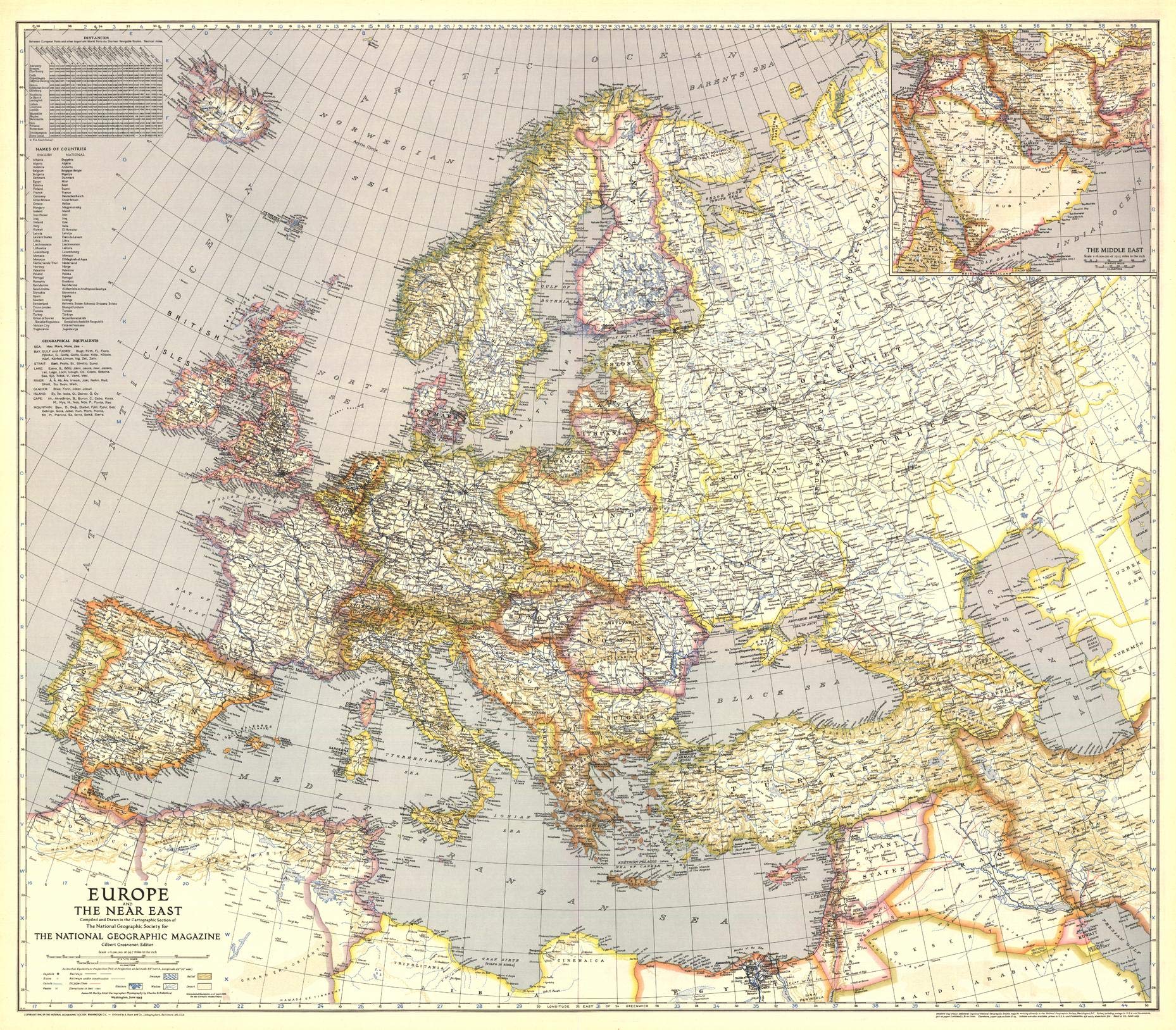 National Geographic: Europe and the Near East 1943 World War 2 - Historic Wall Map Series - 38.75 x 34 inches - Paper Rolled