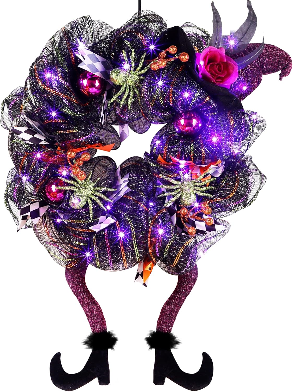 Wreaths, Garlands & Swags - Lulu Home Halloween Wreath, 30 LED Purple Lighted Front Door Wreath with Witch Hat Leg Mesh Decor, Battery Operated Halloween Wired Ribbon Wreath Artificial Door Wreath Hanging Ornament, NOT PRELIT