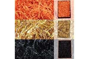 GLOREYAN 3 Colors Halloween Crinkle Cut Paper Shred, Black Orange Gold Raffia Paper Sherd Filler Grass for Gift Wrapping Basket Filling Birthdays Weddings Party Supply(10.6 oz)