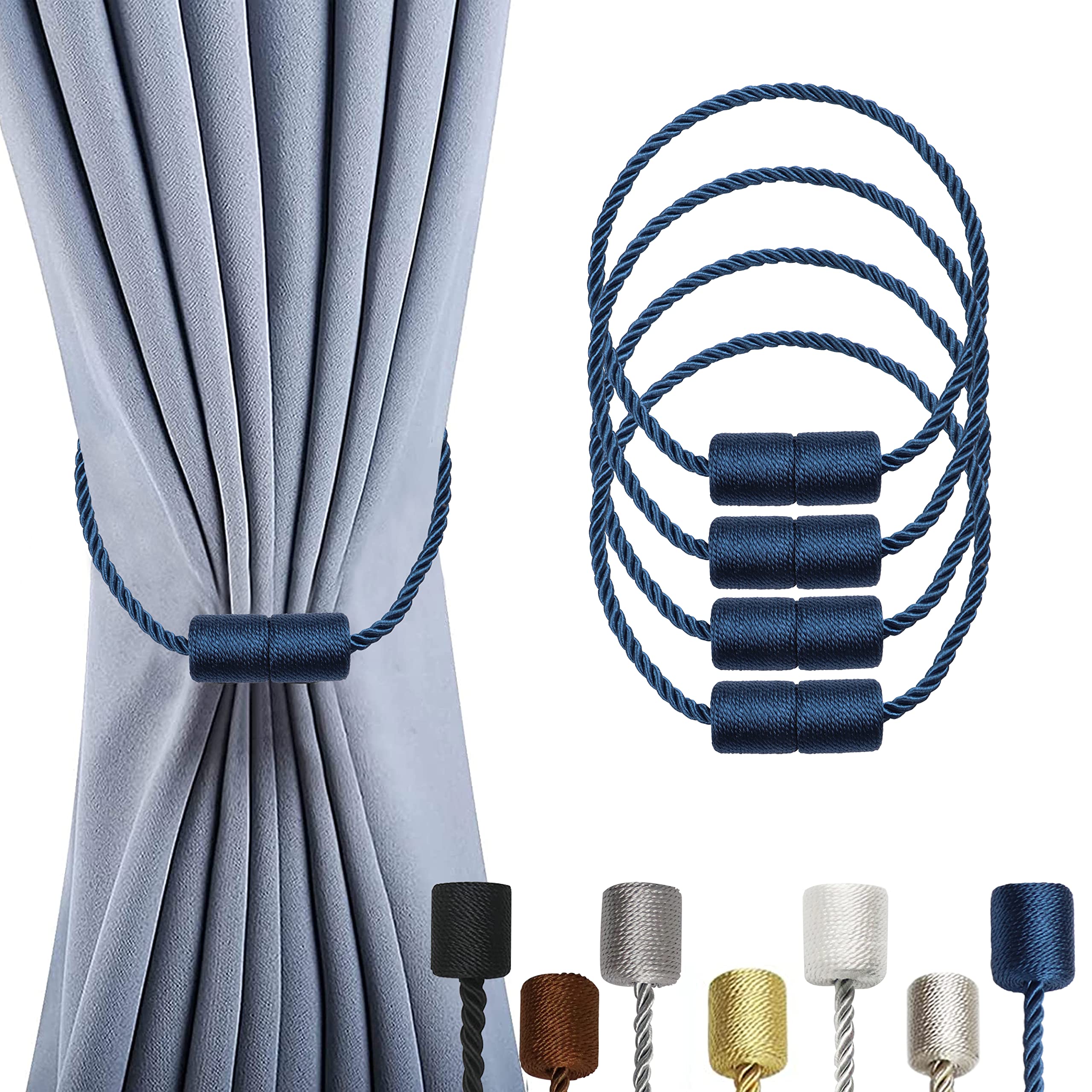 OCIOLI 4 Pack Magnetic Curtain Tiebacks Curtain Holdbacks Curtain Ties with Thicker Twist Rope & Strong Magnet Tie Backs for Curtains (Blue, 4)