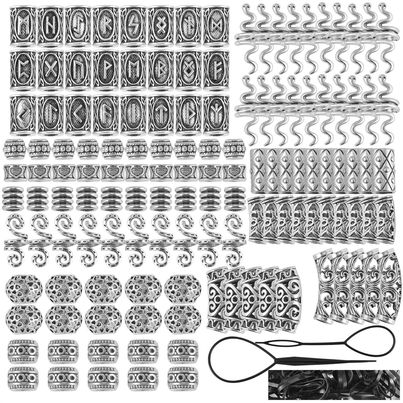 BEEFLYING 326 Pieces Viking Beard Beads Tibetan Style Alloy Beads Norse Hair Tube Loose Beads Antique Silver Hair Coil Cuffs for DIY Jewelry Making Hair Decoration
