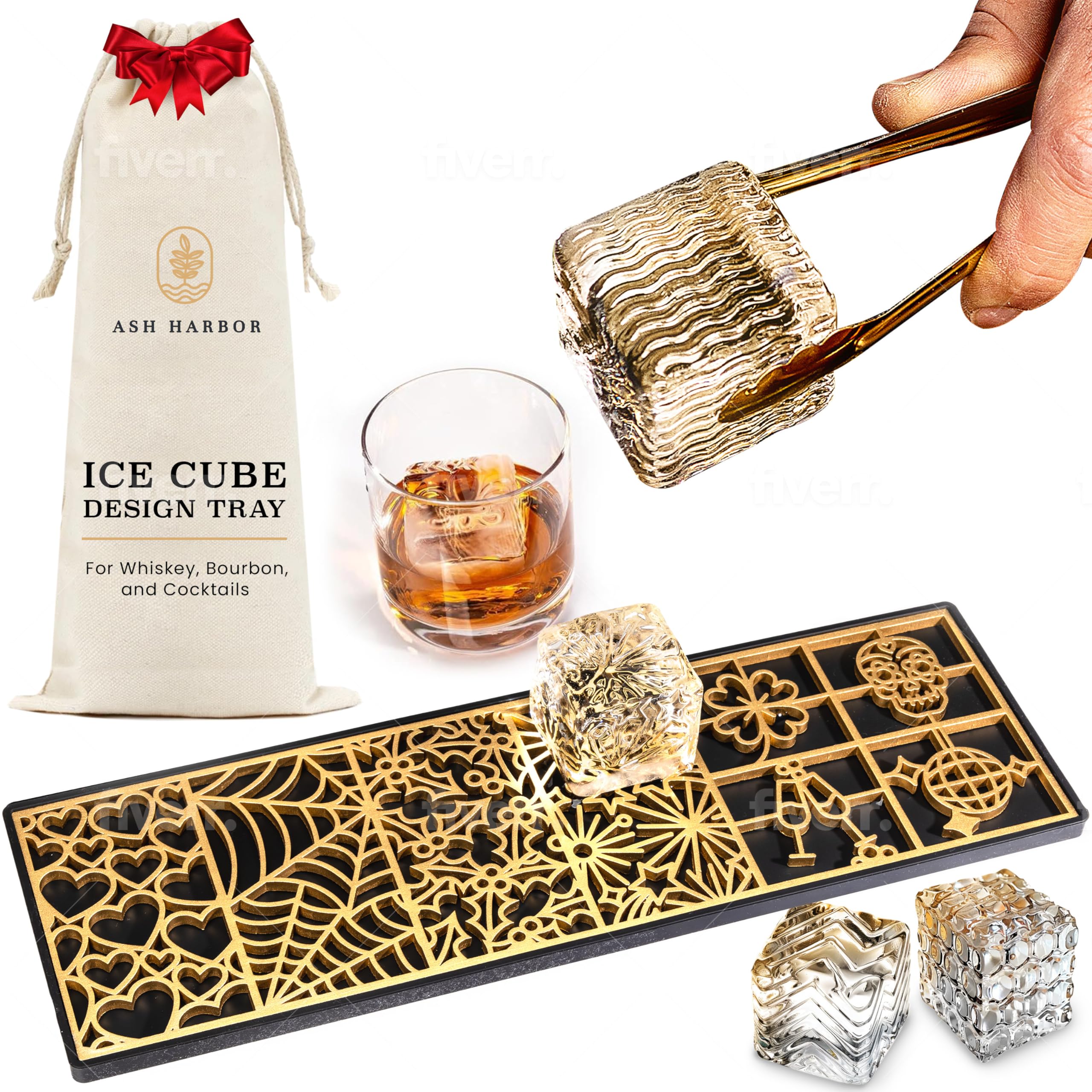 Ice Designer Tray – Craft Modern Ice Molds for Whiskey, Bourbon, & Cocktails in 5 Seconds – Whiskey Ice Mold Ice Cube Stamp – Bartender Accessories for Clear Ice Cocktails by Ash Harbor (Holidays)