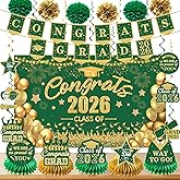 Green and Gold Graduation Decorations Class of 2026 Grad Party Decor Pack: Congrats Grad Banner and Graduation Backdrop Graduate Centerpieces Hanging Swirls Tissue Pom Poms Paper Flower Set