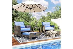 Pamapic 5 Pieces Wicker Patio Furniture Set Outdoor Patio Chairs with Ottomans Conversation Furniture with coffetable for Poolside Garden Balcony(Blue Cushion + Black Rattan)