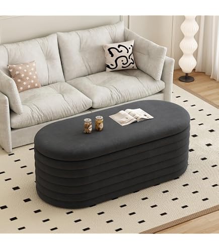 Dolift Teddy Sherpa Storage Ottoman Bench - Black Oval Fabric Bench For Bedroom, Living Room, Entryway