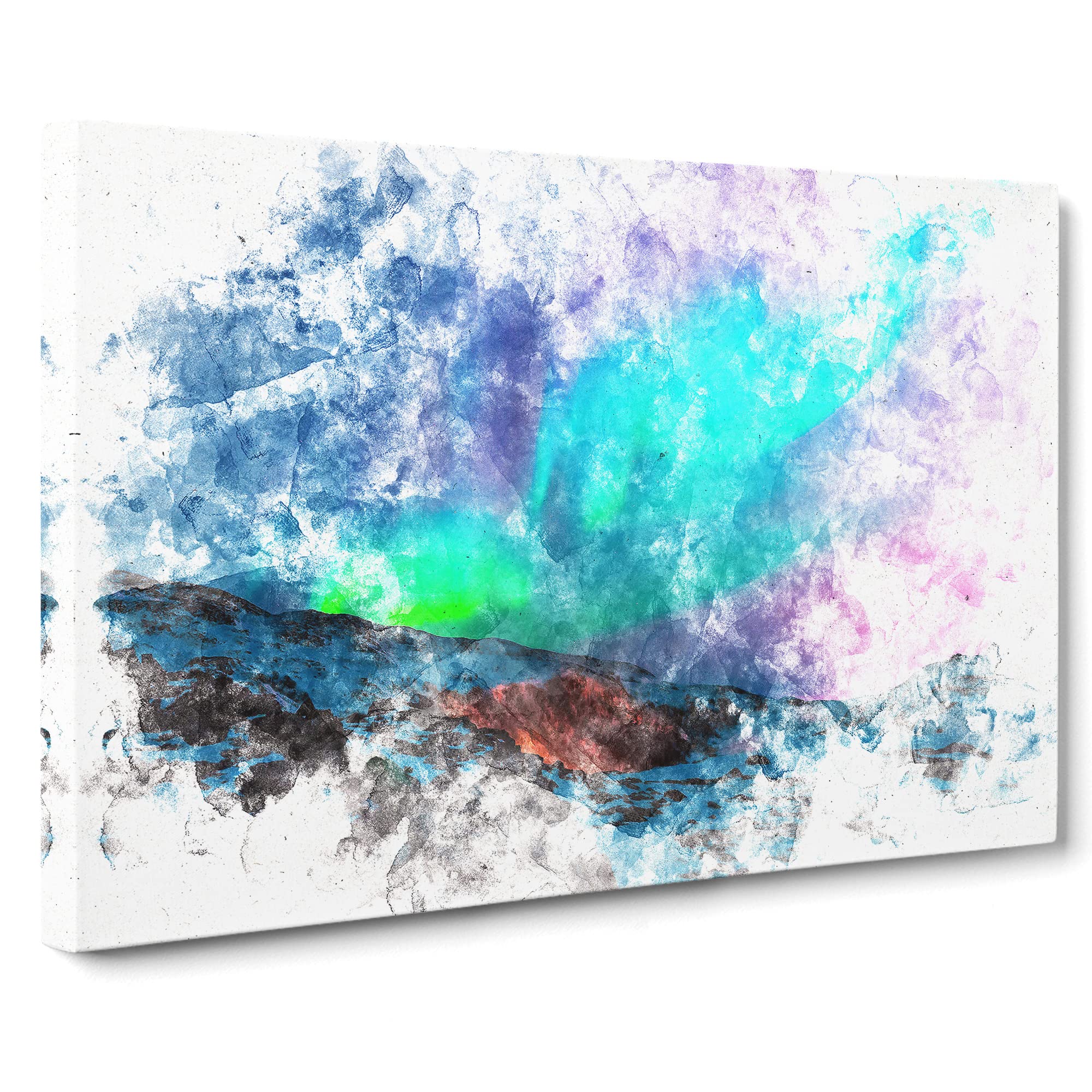 The Northern Lights Aurora Borealis Watercolour Canvas Print | Gallery Wrapped 30mm Frame Wall Art | 20x14 inches | Ready to Hang | Modern Picture | Living Room Bedroom Lounge Office