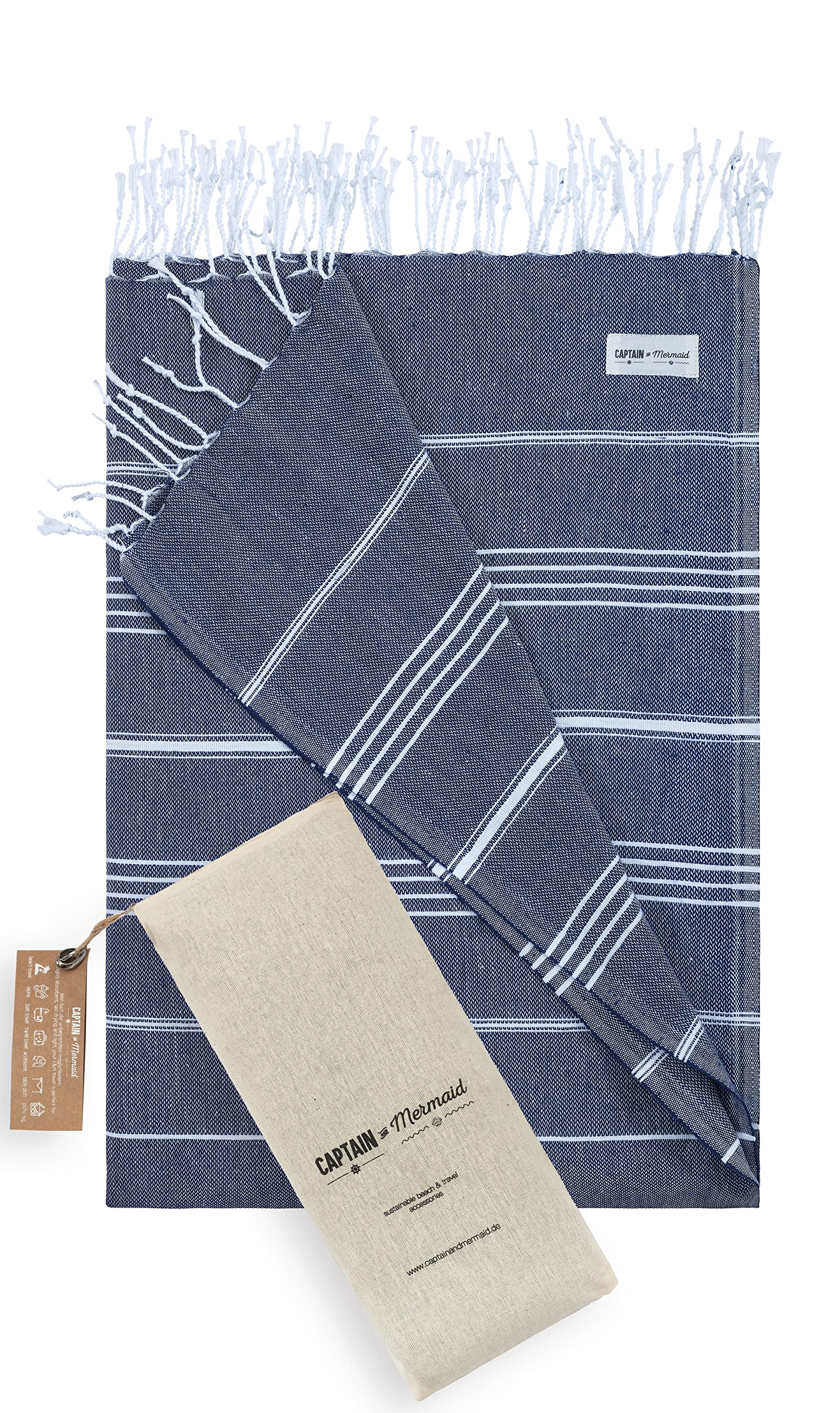 Captain&Mermaid Premium XXL Beach Towel, 100% Cotton, Bath Towel, Picnic Blanket, 220 x 160 cm, Peshtemal, Lightweight and Extra Large (Deep Sea)