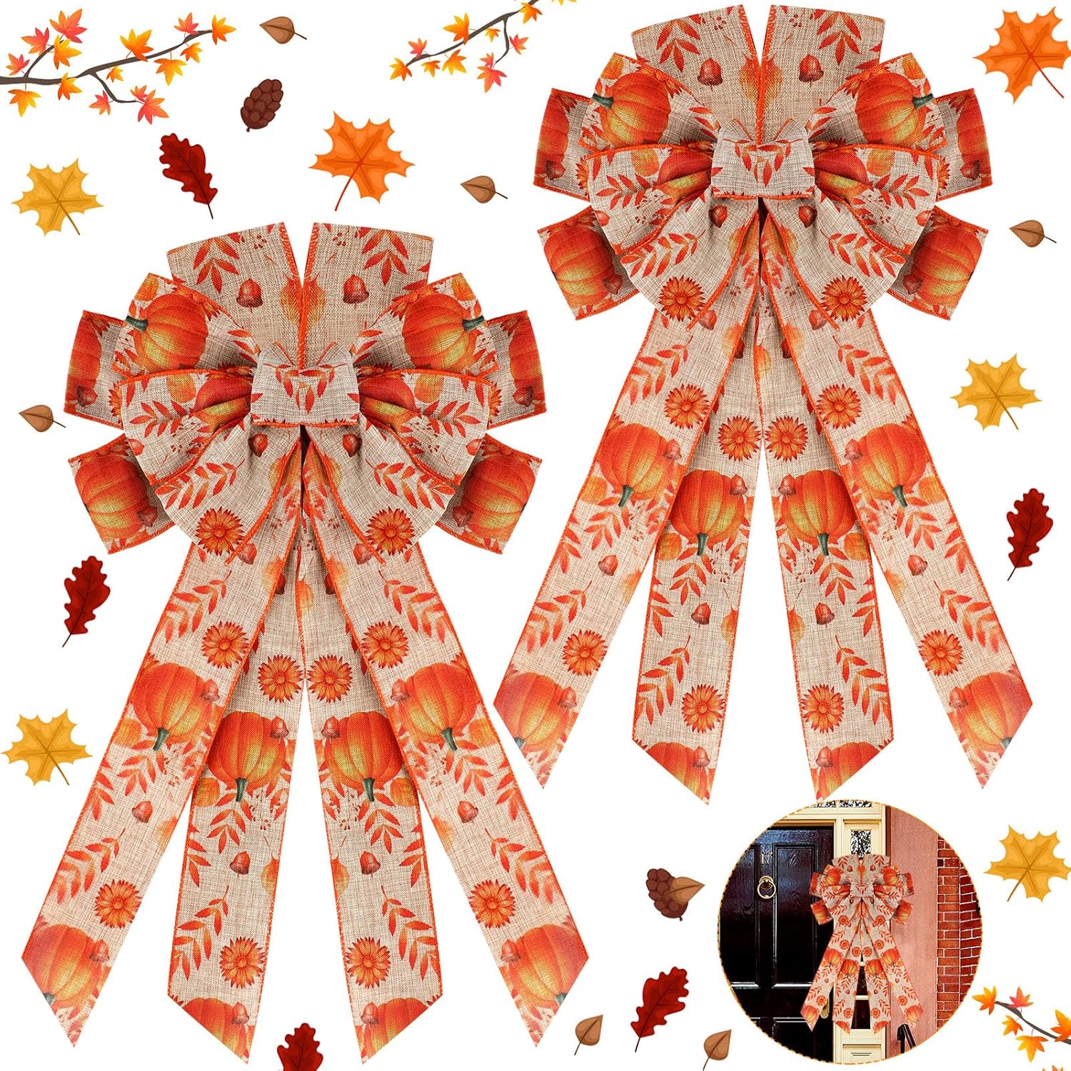 Bows & Ribbons - Zeyune 2 Pcs Fall Wreath Bows Large Pumpkin Buffalo Plaid Bows Decor Double Layer Thanksgiving Tree Topper for Autumn Holiday Indoor Outdoor Front Door Wall Decorations (Orange Pumpkin)