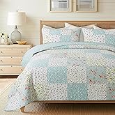 Soul & Lane Whispering Flowers Cotton Quilt Set - Twin Size with 1 Sham, White and Blue Pieced Patchwork Design, Country Floral Quilted Comforter, Lightweight Summer Farmhouse Bedding