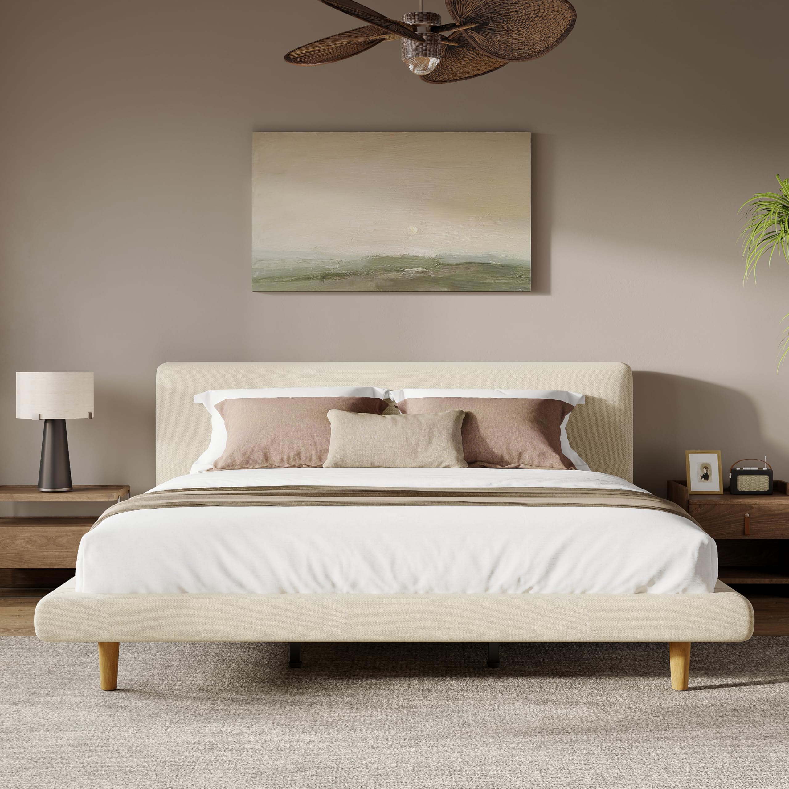 Photo 1 of Merax Cal-King Size Chunky Bed Frame with Headboard and Solid Rubberwood Legs,Upholstered Platform Bed and 800lbs Capacity,No Box Spring Needed,Beige