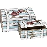 Deco 79 Wood Box with Anchor Detail and Hinged Lid, Set of 2 10", 7"W, Aquamarine