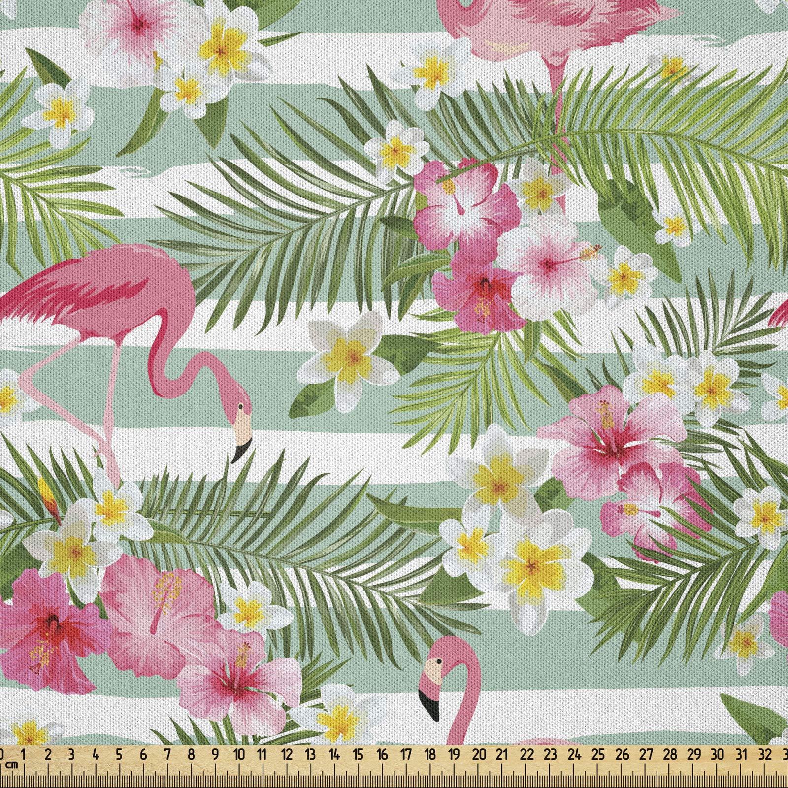 ABAKUHAUS Flamingo Fabric by the Yard, Flamingos with Exotic Hawaiian Leaves Flowers on Striped Vintage Background, Microfiber Fabric for Arts and Crafts Textiles Decor, 2M, Green Pink White