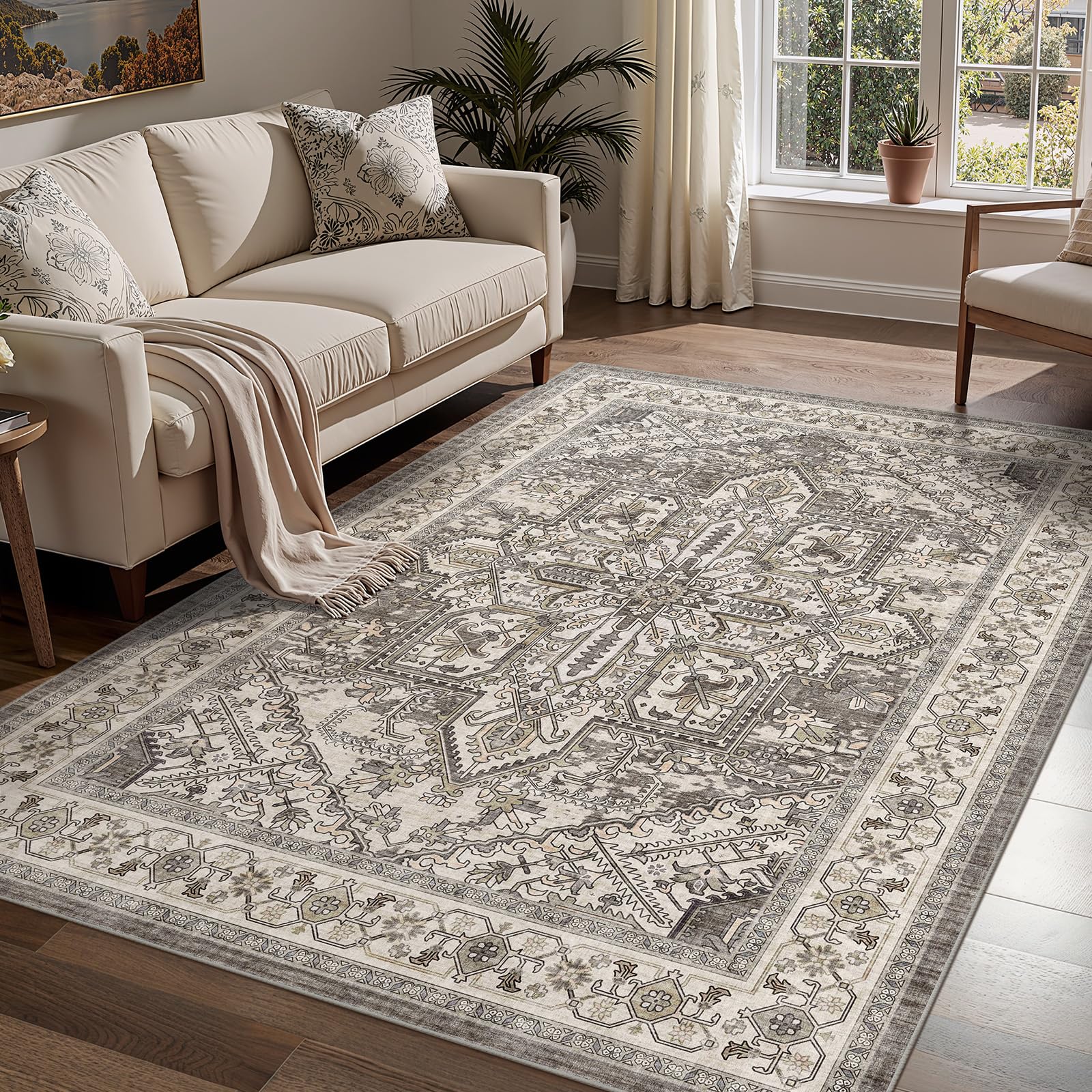 WITSHOCK Living Room Area Rugs 5x7: Washable Rug Boho Soft Non-Slip Low Pile Stain Resistant Foldable Carpet for Bedroom Playroom Dining Room Office Kitchen Farmhouse Home Decor Rug-Brown/Lvory Image
