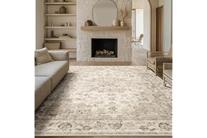 WondRg 8x10 Washable Area Rug for Living Room Bedroom Beige Neutral Carpet Low Pile Soft Thin Tapis Salon Floral Vintage Non-