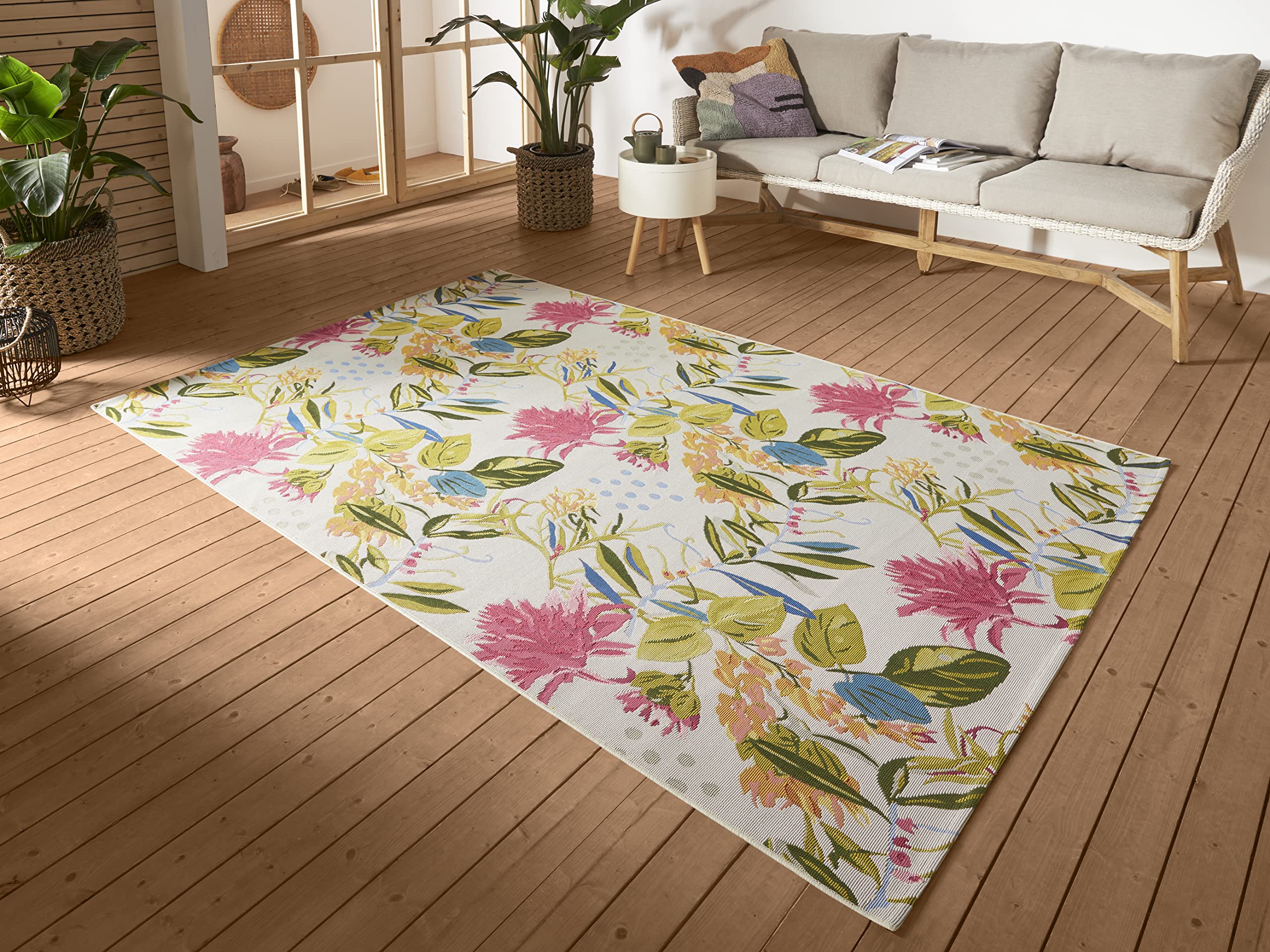HANSE Home Flowers and Leaves Indoor & Outdoor Rug - Flat Woven, Tropical Jungel Floral Design, Oeko-Tex Weatherproof & UV Resistant for Balcony, Patio, Garden, Living Room, Colourful, 80 x 165 cm