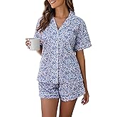 LUBOT 100% Cotton Pajamas for Women 2 Piece PJ Set Woven Poplin Ladies Button Down Short Sleeve Summer Sleepwear S-XXL