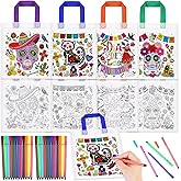 HOWAF 12pcs Day of The Dead Coloring Goodie Bags with Paint Pens, Dia De Los Muertos Coloring Candy Bags Sugar Skull Colouring Gift Bag, Halloween Reusable Canvas Bag Party Favors