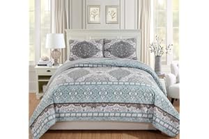 MK HOME LLC Mk Home 3pc Full/Queen Bedspread Coverlet Set Floral Aqua Blue Grey White Taupe New
