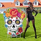 Sugar Skull Yard Sign Decorations Large Sugar Skull Day of the Dead Yard Signs Dia De Los Muertos Outdoor Lawn Skeleton Signs with Stakes for Mexican Fiesta Halloween Party Supplies Garden Decor