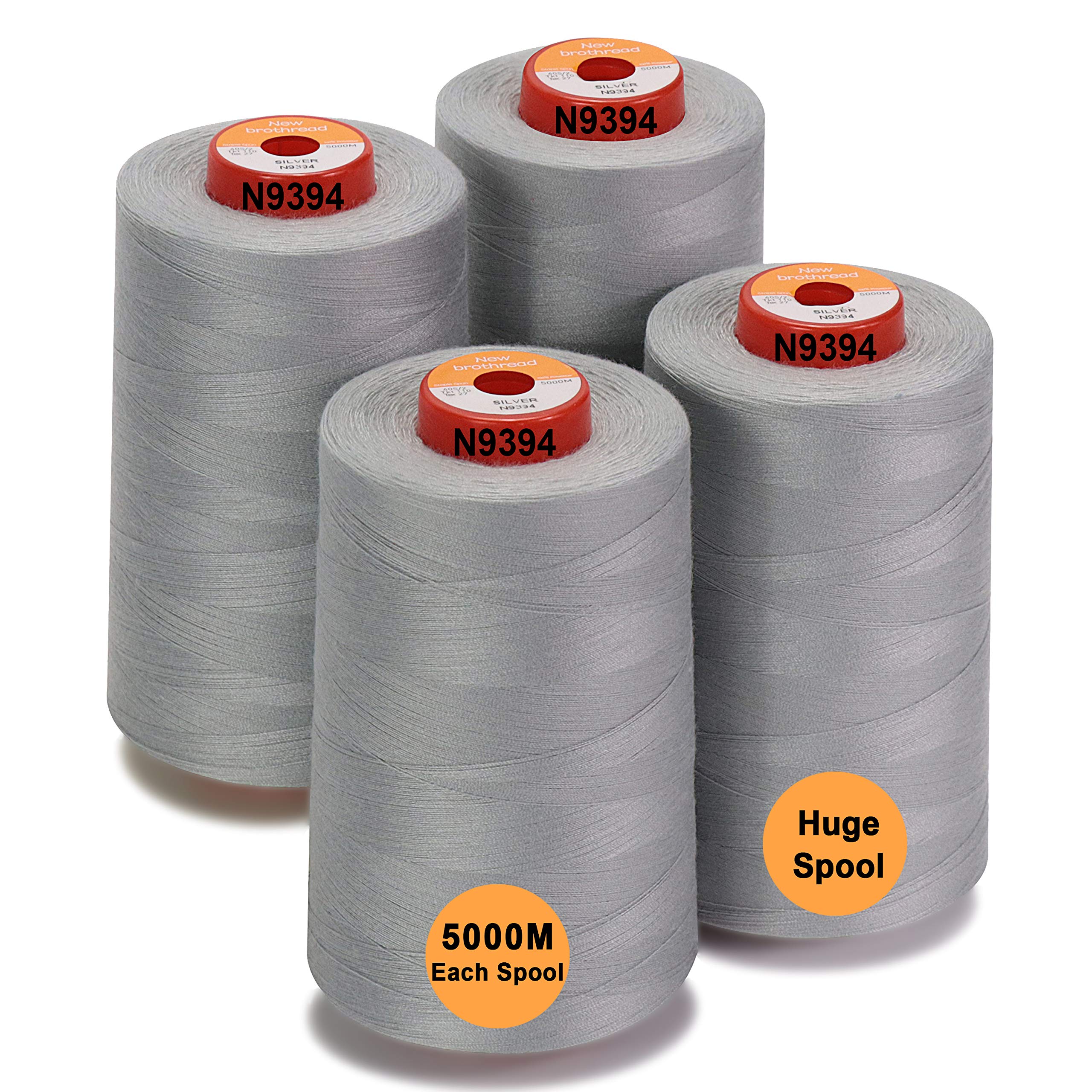 New brothread - 28 Options - 4 Large Cones of 5000M Each All Purpose Polyester Sewing Thread 40S/2 (Tex27) for Sewing, Quilting, Piecing, Serger and Overlock - Silver
