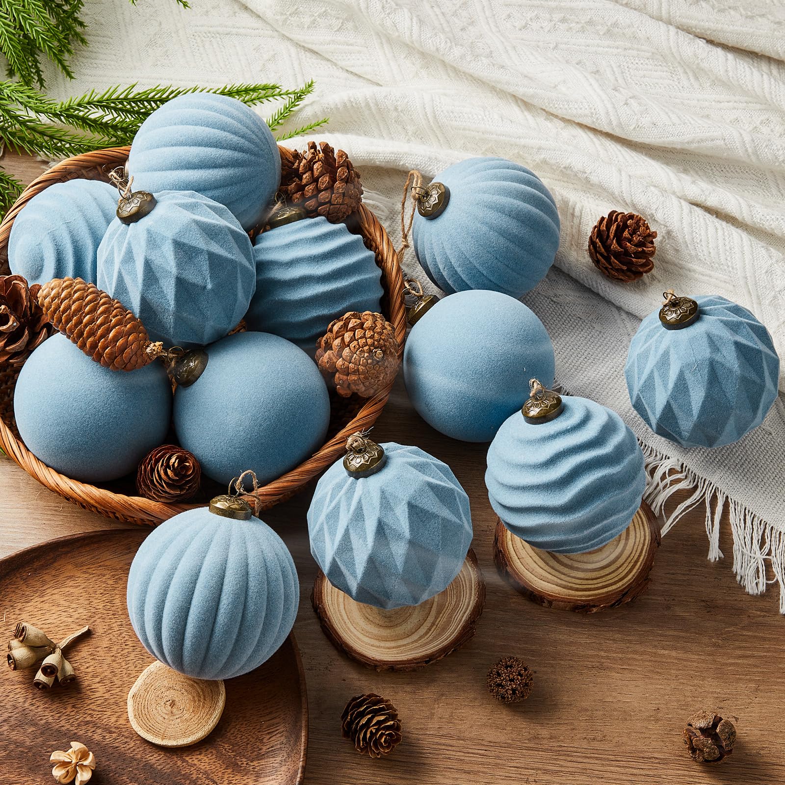 Photo 1 of 12 Pcs Light Scented Velvet Christmas Balls Bulk Winter Fir Scent Flocked Christmas Tree Ball Ornaments Hanging Baubles for Xmas Holiday Home Gift Yard Decor (Dusty Blue 3.15 Inch)