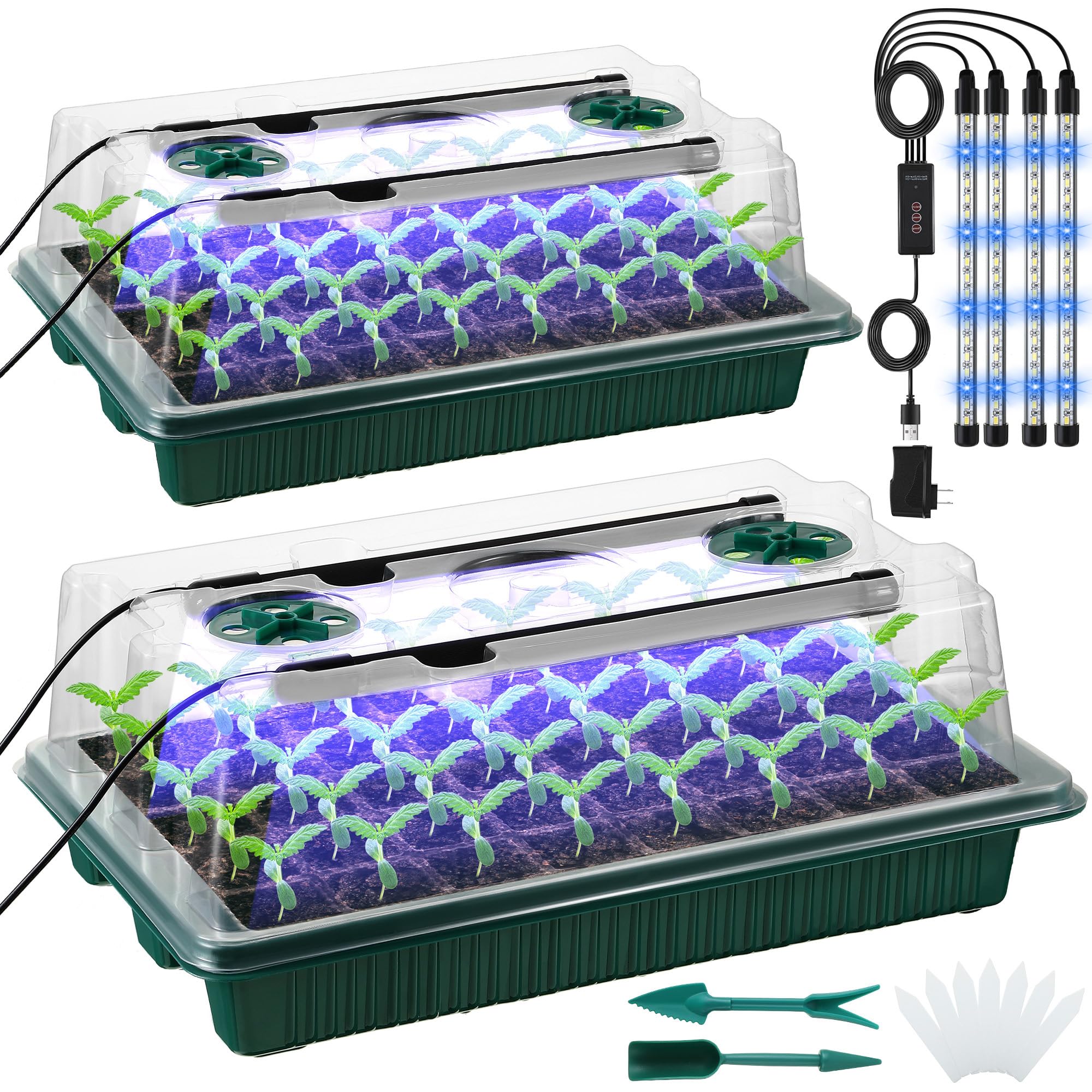 2-Pack Seed Starter Trays With High Dome & LED Grow Lights – 80-Cell Germination Kit