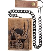 F&L CLASSIC RFID Blocking Men's Tri-fold Vintage Biker Cowhide Leather Steel Chain Wallet,Snap closure, brown,skull,315-70