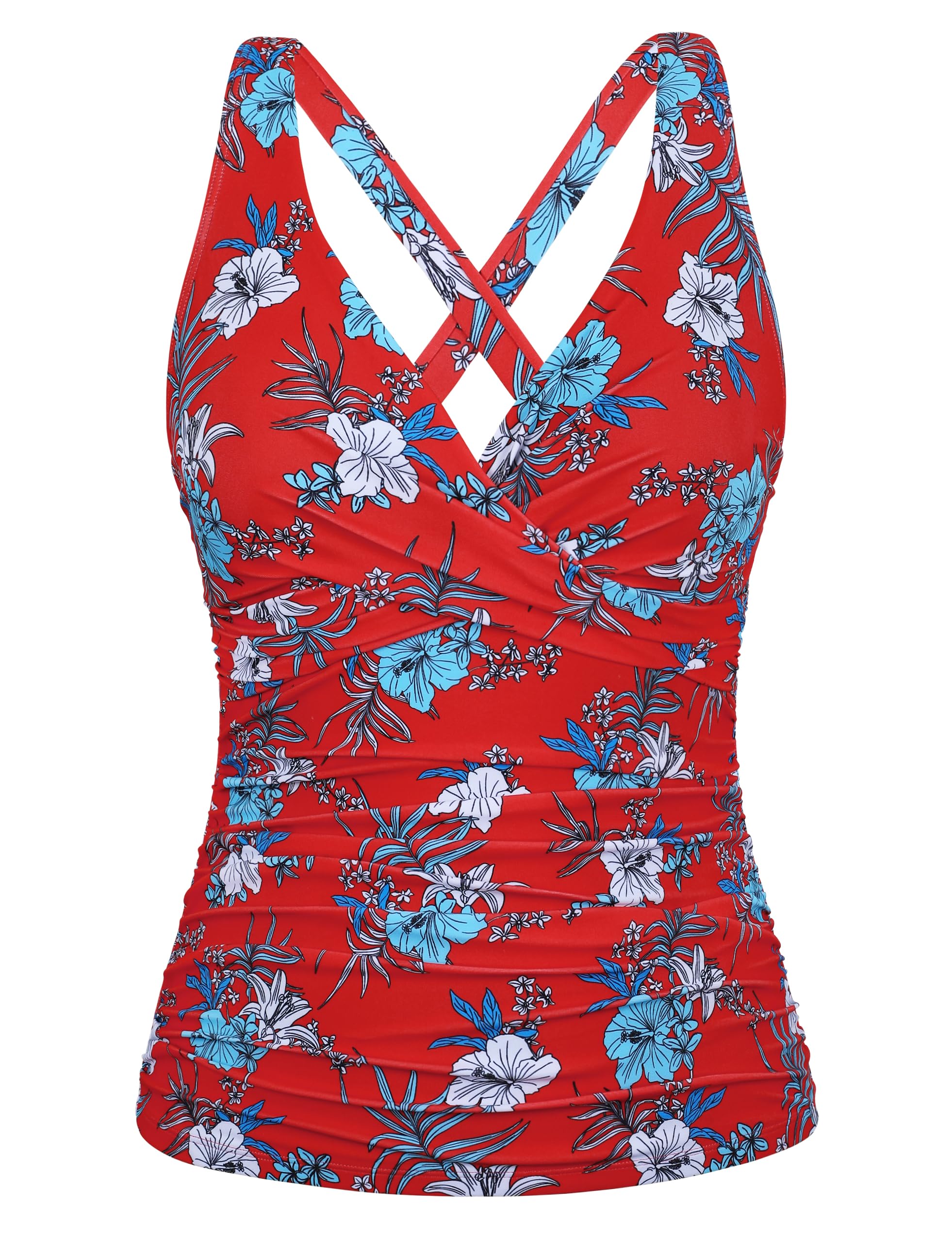 Firpearl Womens Underwire Tankini Top Swimwear Twist V Neck Swimsuits for Big Busted Tummy Control Swim Top Only Red&Blue Floral US8 Image
