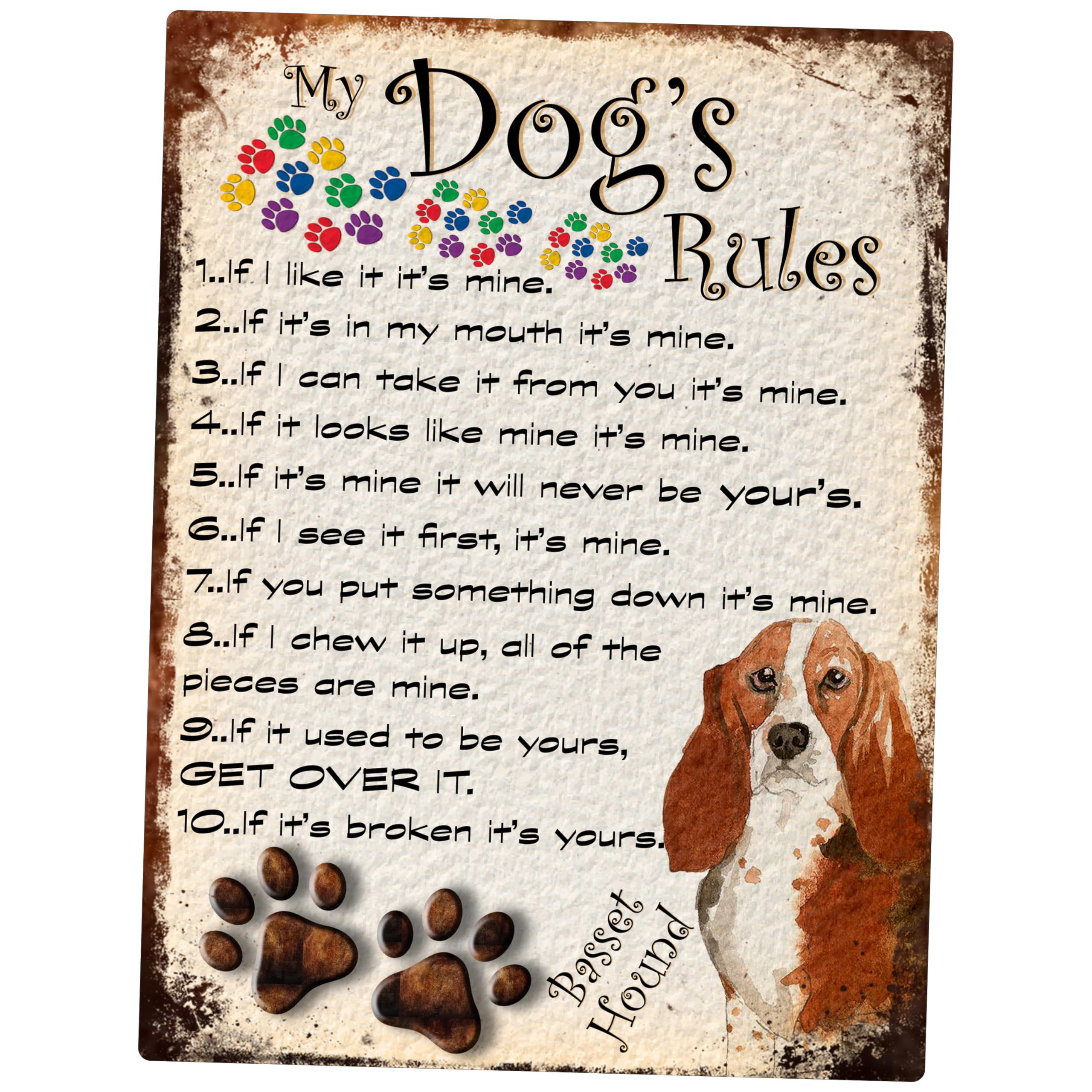 SHAWPRINT MY DOG'S RULES RETRO STYLE METAL TIN SIGN/PLAQUE DOG BREEDS 8" x 6" (BASSET HOUND THEME)
