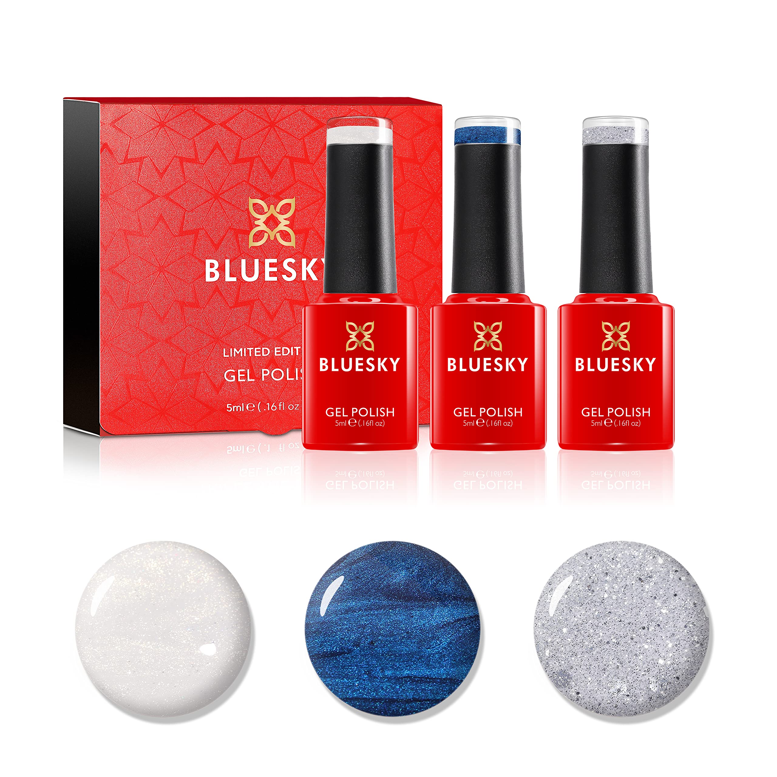 Bluesky Gel Nail Polish Set, Let it Snow - 3 x 5 ml gel nail polishes - Blue, White, Silver, Glitter