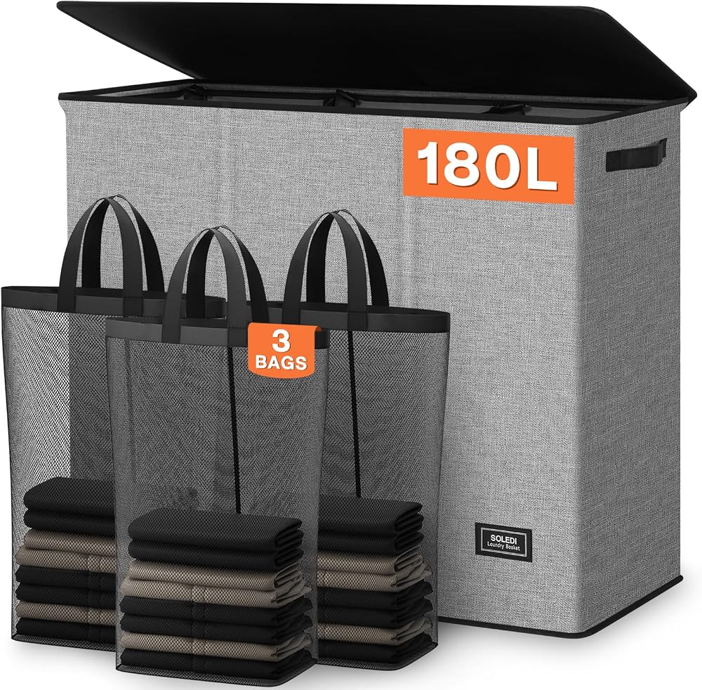 SOLEDI 180L Laundry Basket 3 Section Extra Large with Lid and Handles