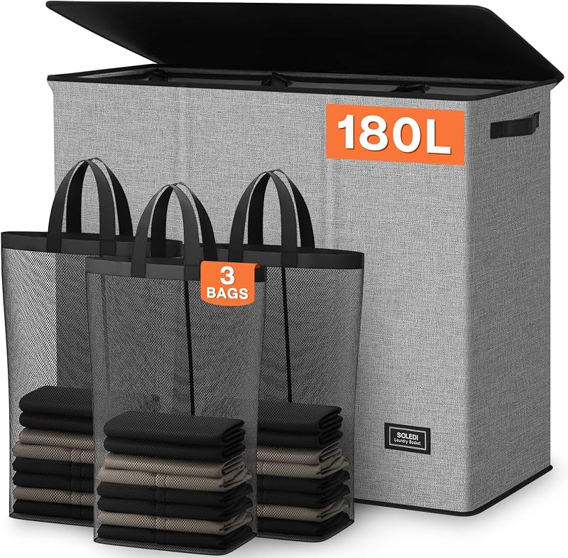 SOLEDI 180L Laundry Basket 3 Section Extra Large with Lid and Handles