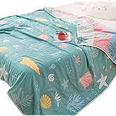 J-pinno Coral Conch Starfish Shell Muslin Blanket Reversible 100% Cotton 6 Layer Quilt Bed Blanket Soft Warm Throw Sofa Couch Toddler Kids Cartoon Travel Coverlet Sheet (Sea, Twin 58" X 80")