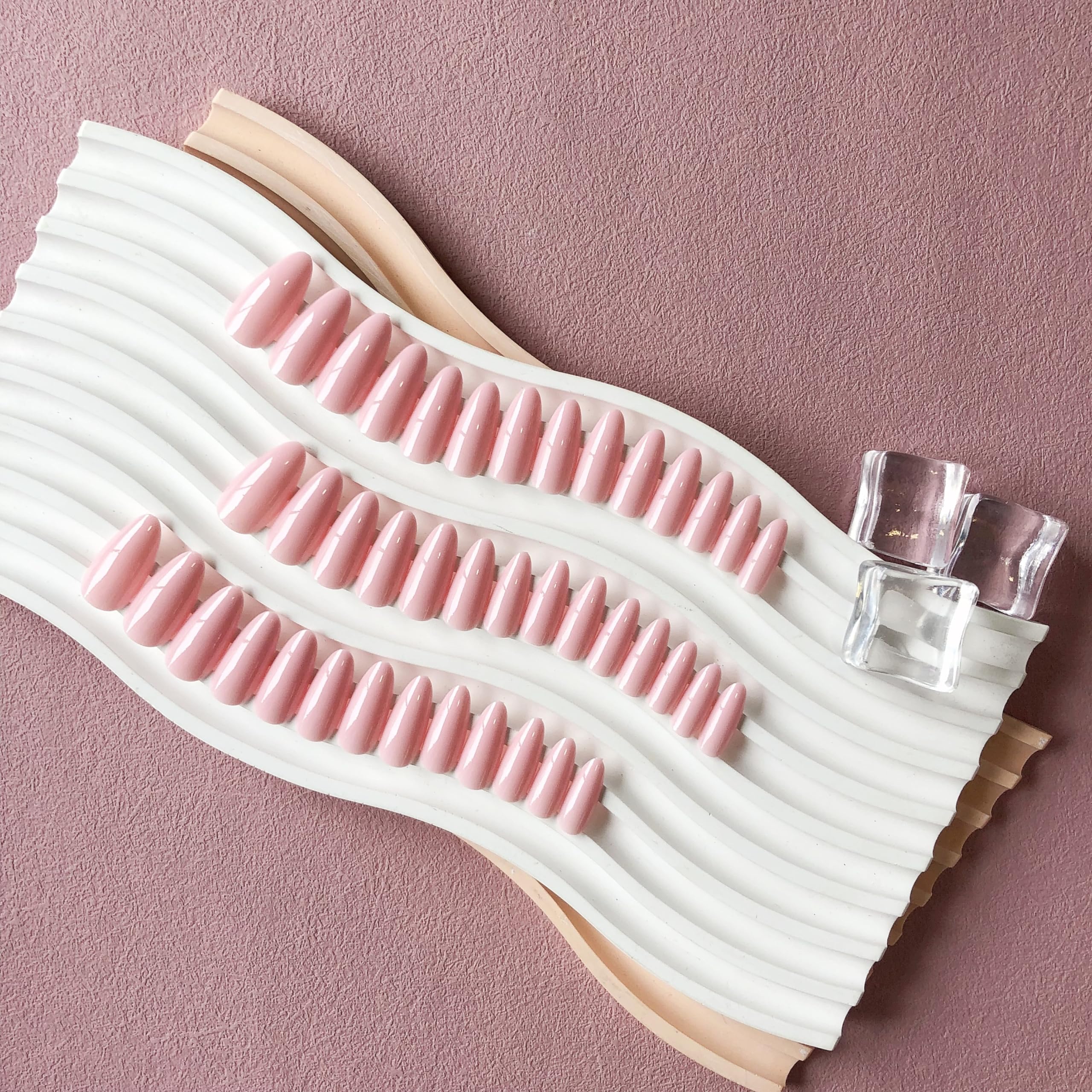 KQueenest 48 Pcs Dusty Pink Press on Nails Almond Medium, Pink Nails Press on, Solid Color Medium Fake Nails Acrylic, Natural Glue on Nails Stiletto, Gel Stick on Nails for Women Finger Wear - Image 5