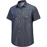 Pearl snap Men's Denim Shirts Short Sleeve Western Cowboy Button up Solid Work Cotton Shirts