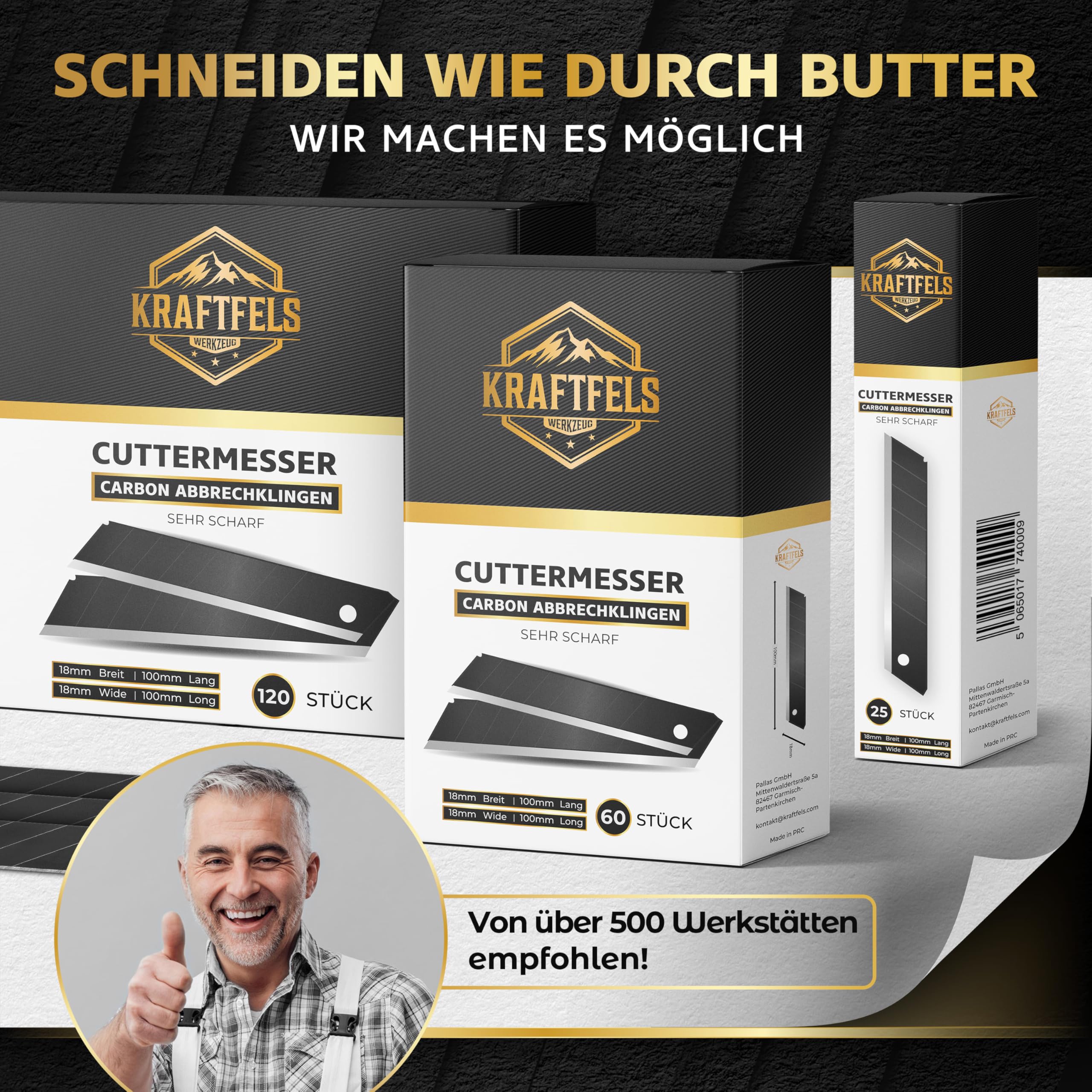 KRAFTFELS 60x Profi Cuttermesser Klingen 18mm - Ersatzklingen Cuttermesser aus hochwertigem Carbonstahl - Klingen Cutter Messer - Gehärtet & ultra scharf - Abbrechklingen für Cutter Messer Schwarz 7