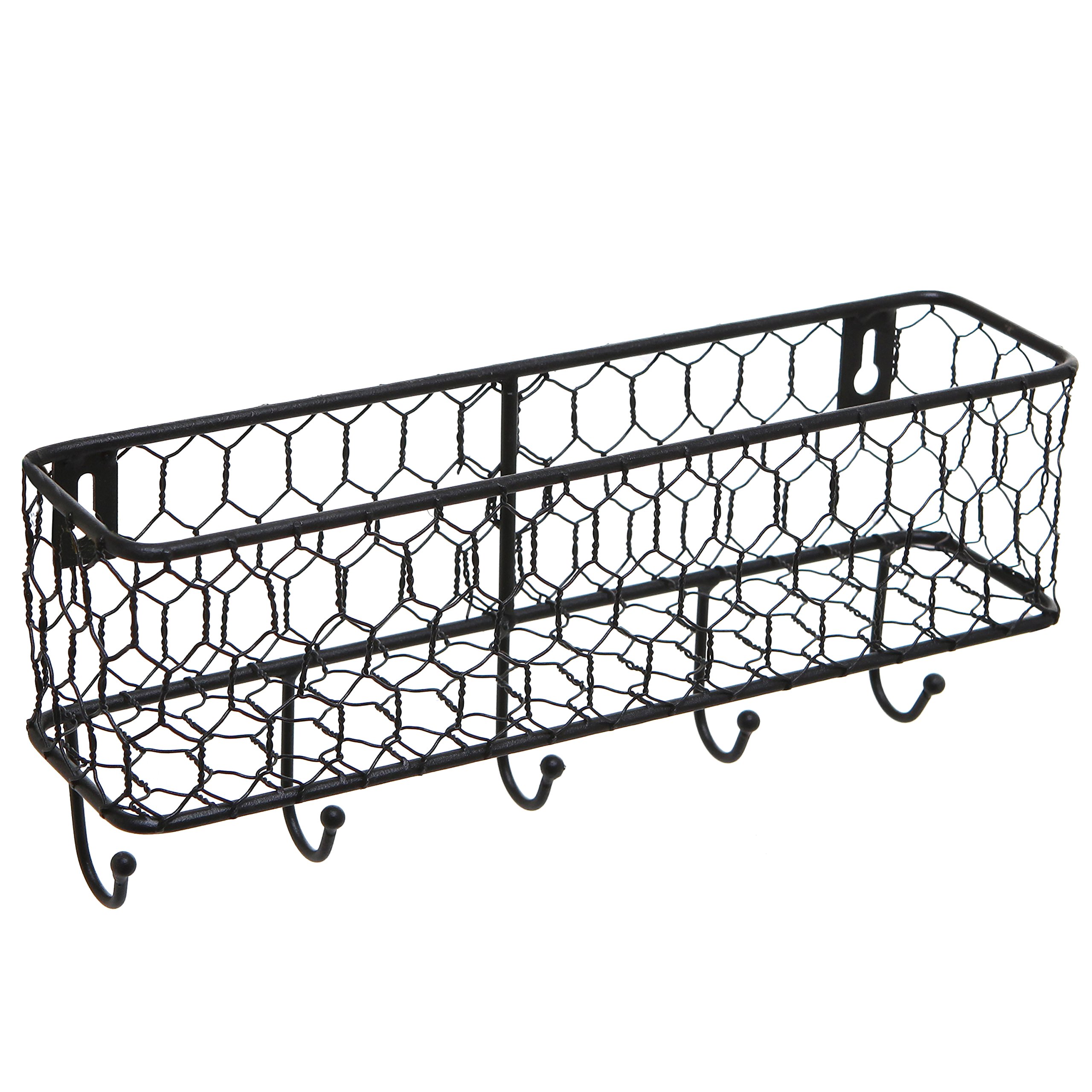 Photo 1 of MyGift Wall Mounted Metal Entryway Mail Holder and Key Organizer Rack with 5 Hooks, Decorative Storage Basket and Hanger Hooks for Keys, Lanyard, Keychain, Light Coat