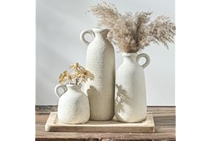 OOIT Ceramic Vase Set of 3 with Handle, Neutral Rustic Vases Home Decor Farmhouse Decorative Vase Whitewashed Pottery Decor Modern for Table Mantel Entryway Bookshelf Living Room Kitchen Bedroom - White