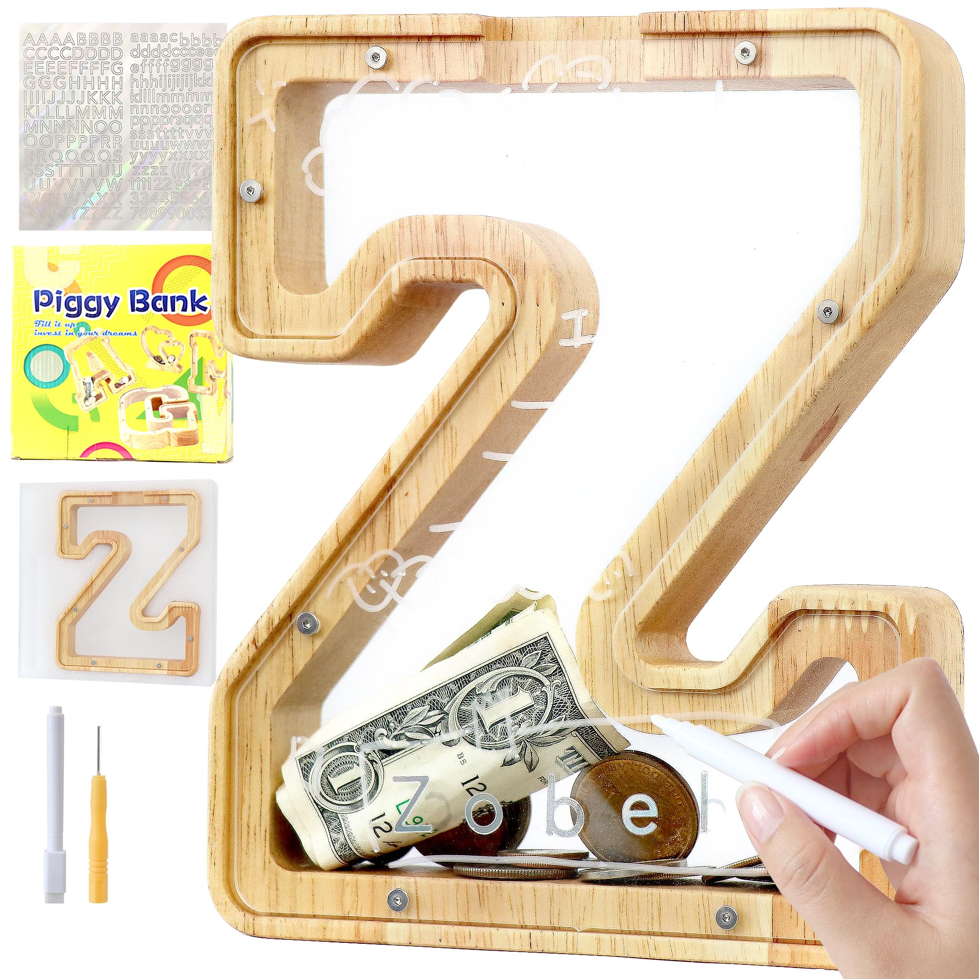 Mikytoper Letter Money Box for Kids Wooden Personalized A-Z Alphabet Piggy Bank Clear Money Bank Coin Bank for Gift Decoration Baptism (Z)