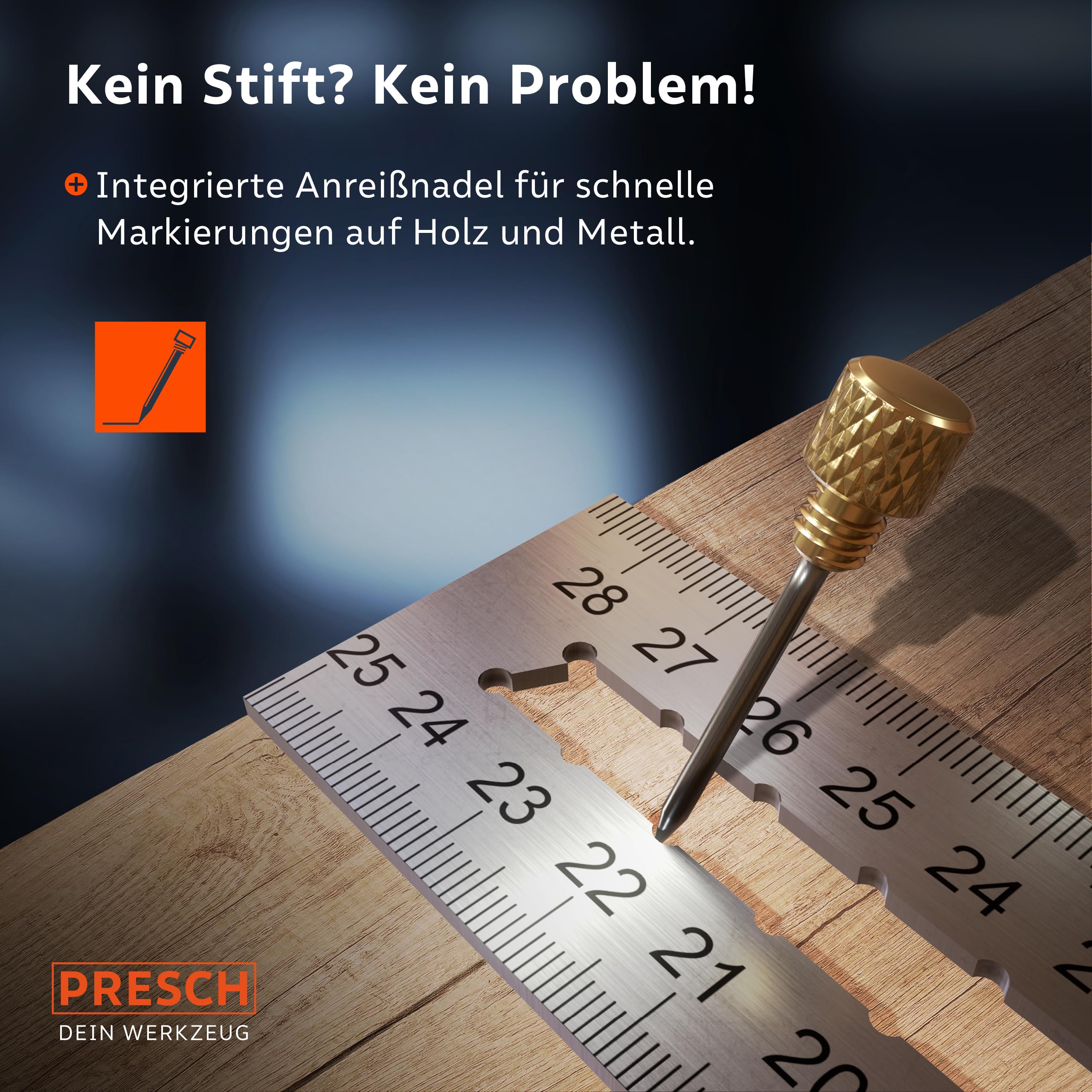 Presch Anschlagwinkel 250mm - Hochpräzise & Rostfrei - Innovatives Streichmaß 25cm - Exakter Schreinerwinkel inkl. Wasserwaage & Anreißnadel für ultimative Vielseitigkeit - Perfekte 90° & 45° 6