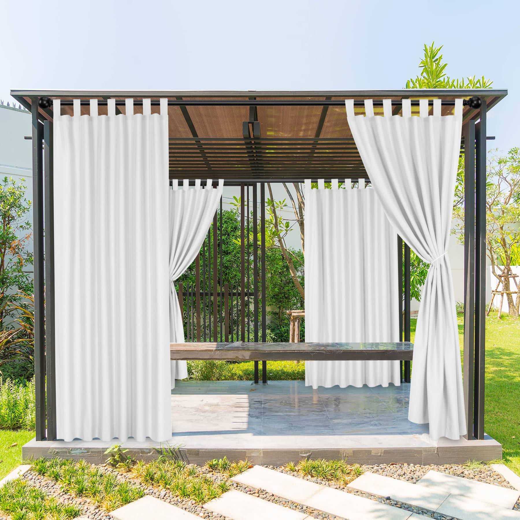 Photo 1 of BONZER Waterproof Outdoor Curtains for Patio Porch Pergola Cabana, Weatherproof Tab Top Indoor Curtains for Bedroom, Living Room, 1 Panel, 52x108 Inch, White