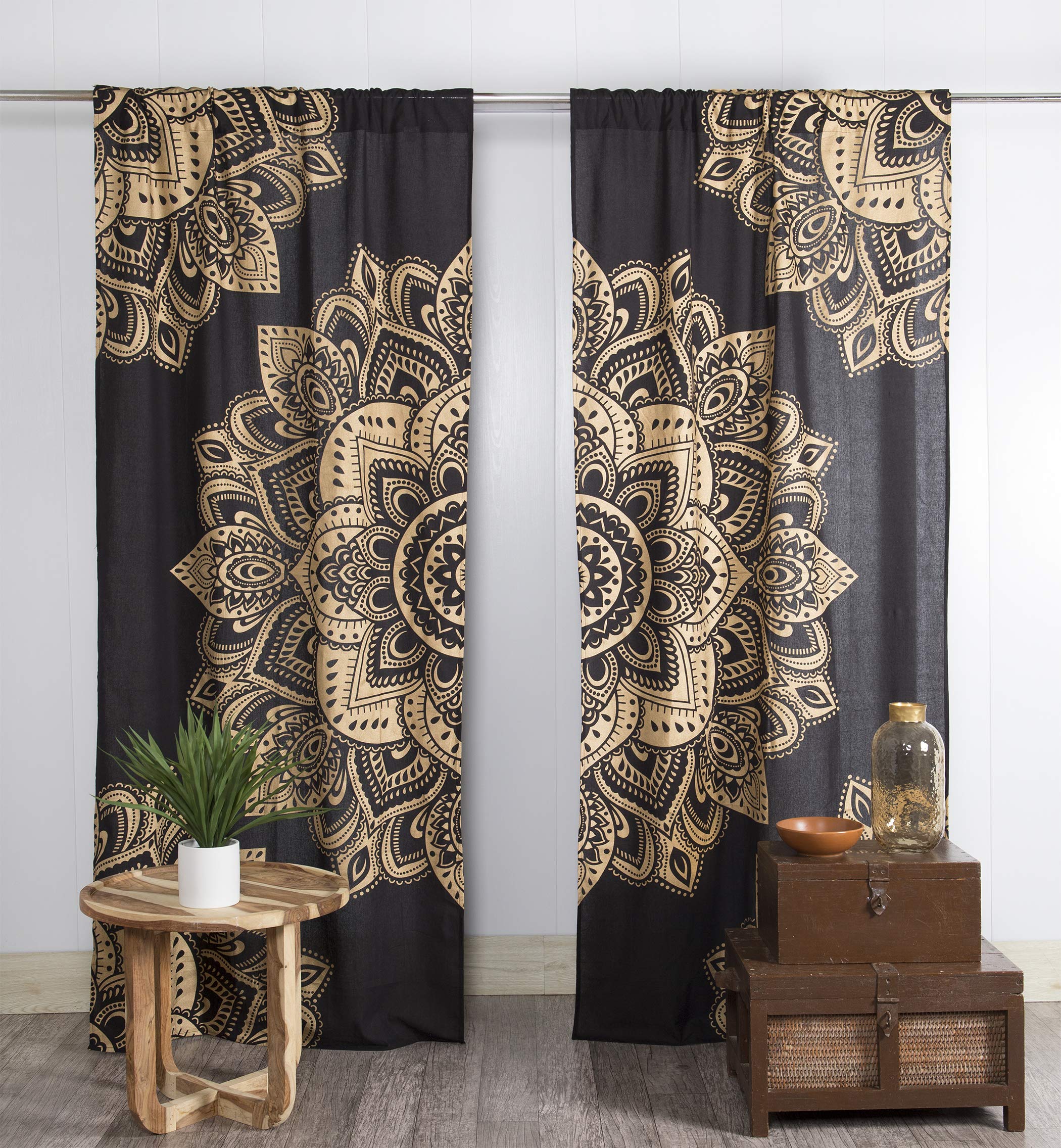 Tapestries for Bedroom, Hippy Tapestries, Decorative Wall Tapestries Wall Hangings, Boho Mandala Curtain Panels - Black and Golden — image 1