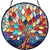 XFCICRLJ Tree of Life Suncatcher Stained Glass Window Hanging, Tree of Life Sun Catchers Indoor Window Glass Wall Art Decor, Nature Wall Hanging Decor Decorations, 7.9x7.9 Inch 037-MH-BLGH