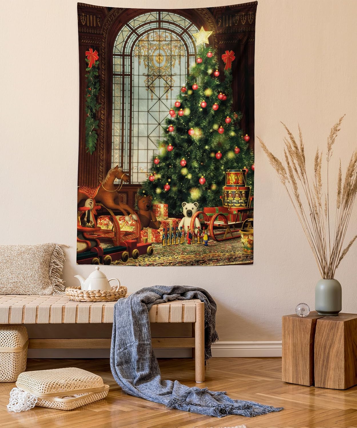 Tapestries - Ambesonne Christmas Tapestry, Vintage Ambiance Big Old Fashioned Window Xmas Tree Various Presents, Fabric Wall Hanging Decor for Bedroom Living Room Dorm, 30